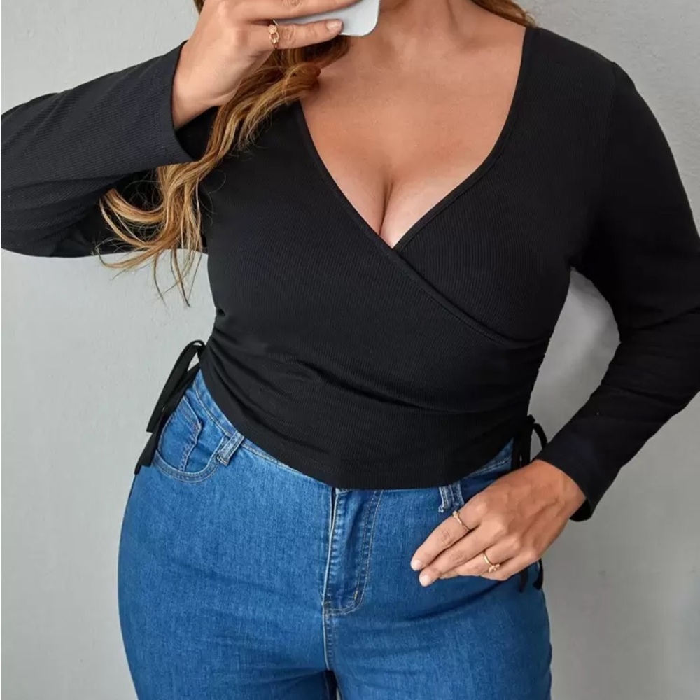 SHEIN Black Wrap-Front Long Sleeve Crop Top